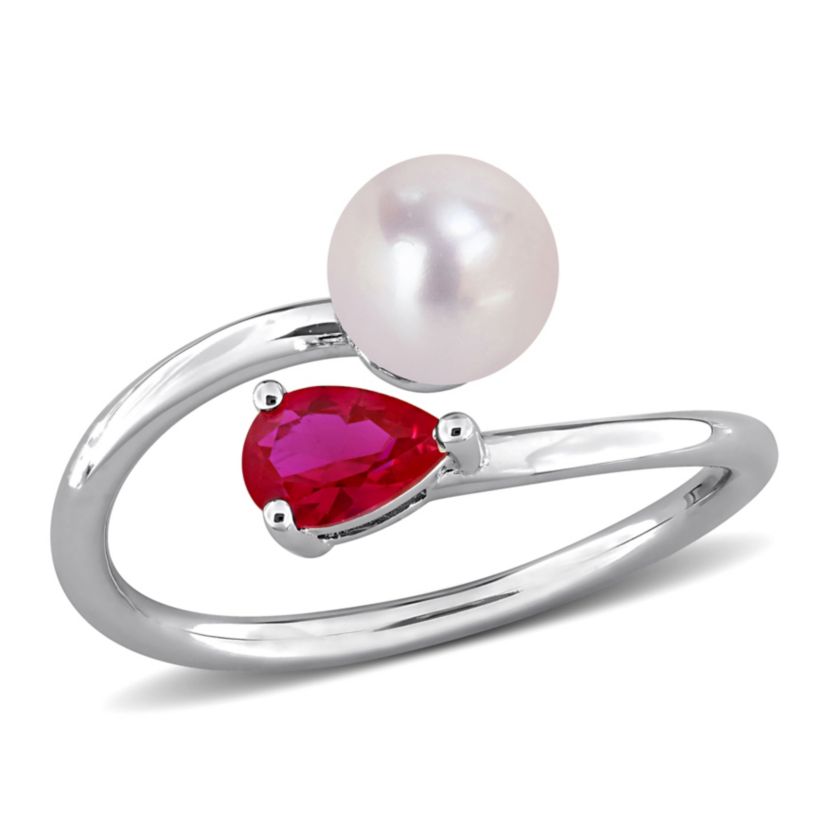 Lab Created Created Ruby & 6-6.5mm Freshwater Cultured Pearl Ring in Sterling Silver