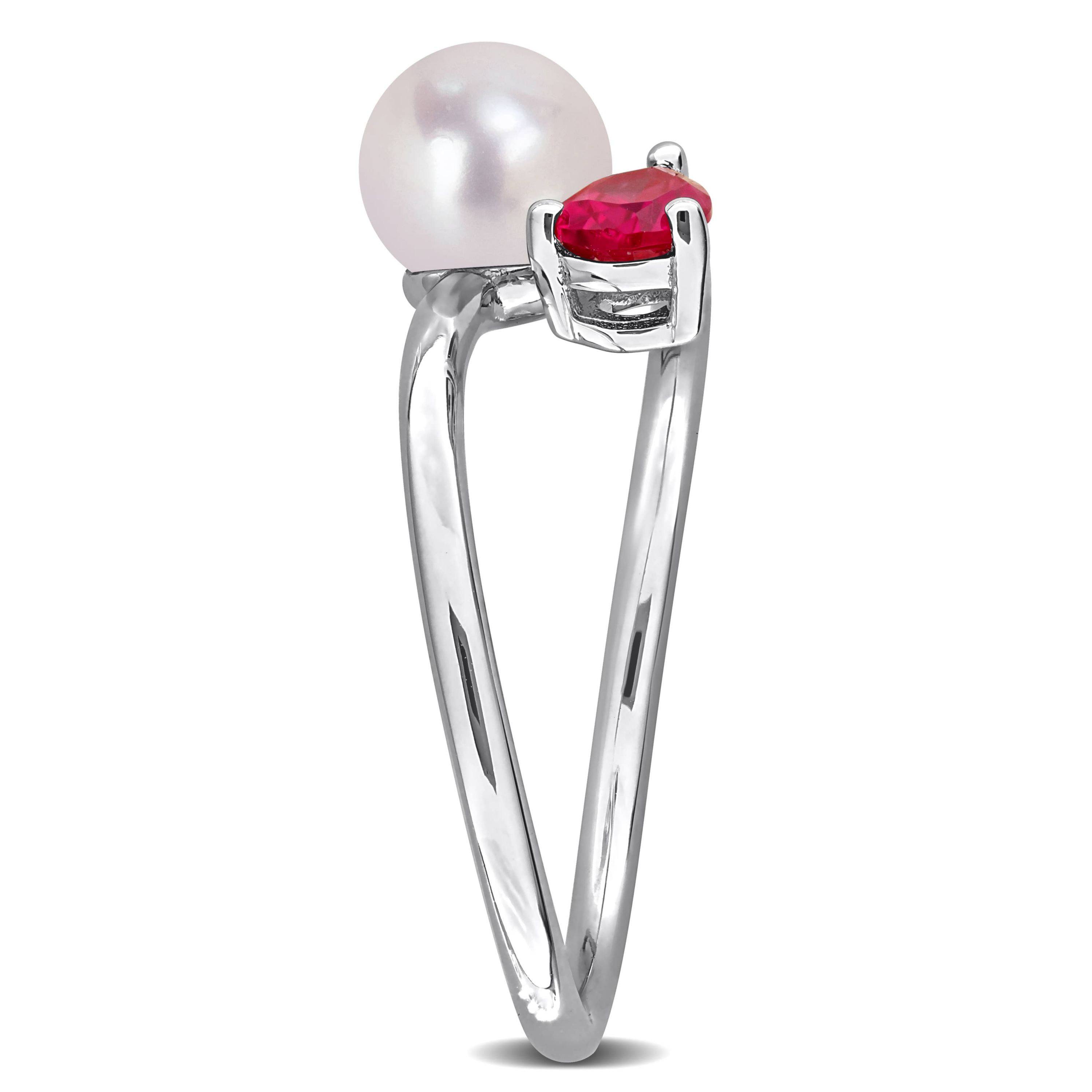 Lab Created Created Ruby & 6-6.5mm Freshwater Cultured Pearl Ring in Sterling Silver
