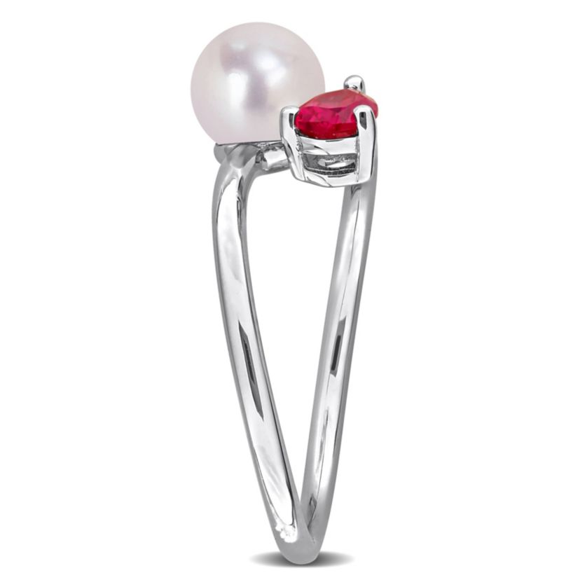 Lab Created Created Ruby & 6-6.5mm Freshwater Cultured Pearl Ring in Sterling Silver