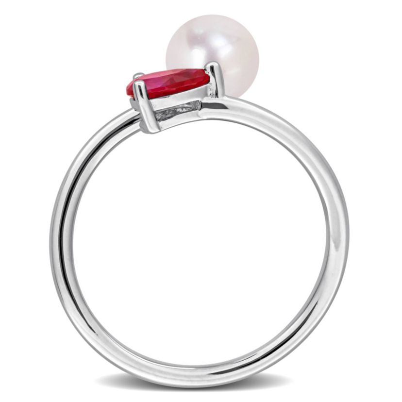 Lab Created Created Ruby & 6-6.5mm Freshwater Cultured Pearl Ring in Sterling Silver