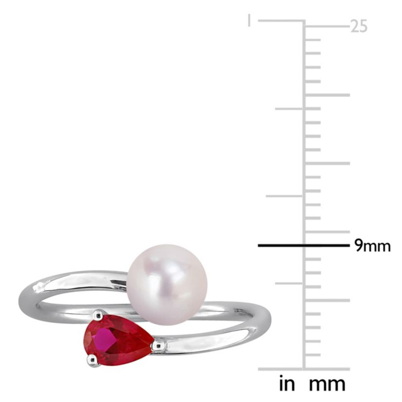 Lab Created Created Ruby & 6-6.5mm Freshwater Cultured Pearl Ring in Sterling Silver