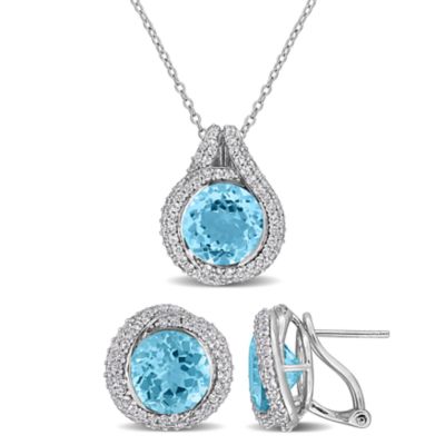 Belk & Co Sparkling Gemstone & White Topaz Pendant & Earring Jewelry Set in Sterling Silver, Blue