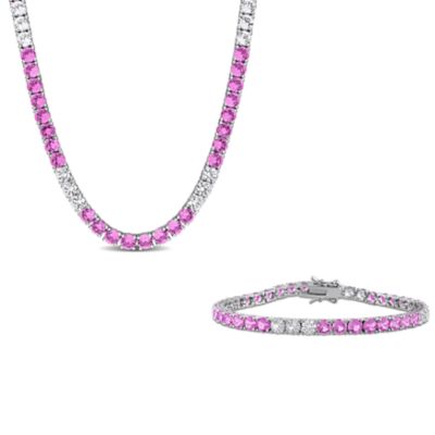 Belk & Co Lab Created Gemstone & White Sapphire Tennis Necklace & Bracelet Jewelry Set in Sterling Silver, Pink