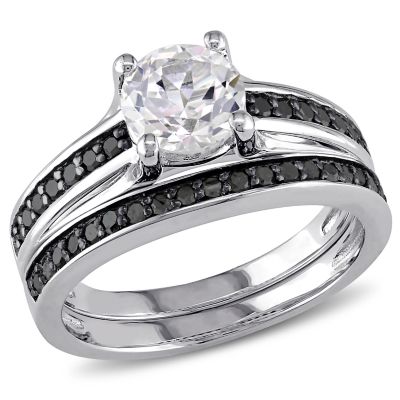 Belk & Co Lab Created Black Diamond & White Sapphire Bridal Set Ring in Sterling Silver, 8.5