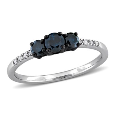 Belk & Co Blue & White Diamond 3 Stone Ring in 10k White Gold Black Rhodium Plated, 6