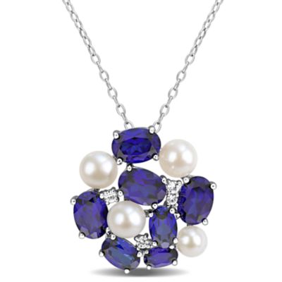 Belk & Co Lab Created Turquoise, White Sapphire and Freshwater Cultured Pearl Pendant with Chain in Yellow Plated Sterling Silver, Blue