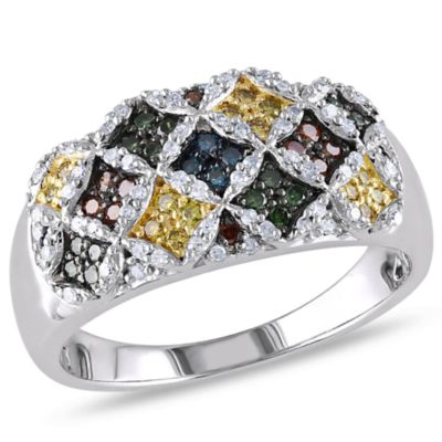 Belk & Co Multi-Color Diamond Cocktail Ring in Sterling Silver with Rhodium Plating Plated