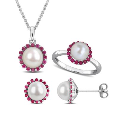 Belk & Co 3-PC Set of 7-8.5mm Freshwater Cultured Pearl & Colorful Gemstone Pendant with chain in Sterling Silver, 9.5