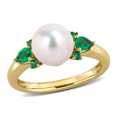 Belk & Co Lab Created 8-8.5 mm Freshwater Cultured Pearl & Emerald Ring in 14k Yellow Gold, 7.5