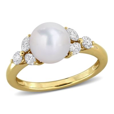 Belk & Co 8-8.5 mm Freshwater Cultured Pearl & Diamond Ring in 14k Yellow Gold, 5.5