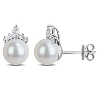 Belk & Co 8-8.5m Freshwater Cultured Pearl & Diamond Earrings in 14K Gold, White
