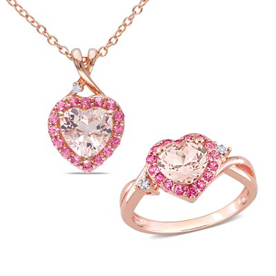 Belk & Co Morganite, Pink Tourmaline & Diamond Accent Halo Pendant With Chain & Ring Set in Rose Plated Sterling Silver - 18 in, 10