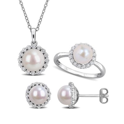 Belk & Co Lab Created 7-8.5 mm Freshwater Cultured Pearl & White Sapphire Halo Pendant With Chain, Earrings & Ring Set in Sterling Silver - 18 in