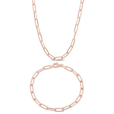 Haylee Jewels 2-Pc Set of Men's 5mm Diamond Cut Paperclip Chain Necklace & Bracelet in Sterling Silver, Pink