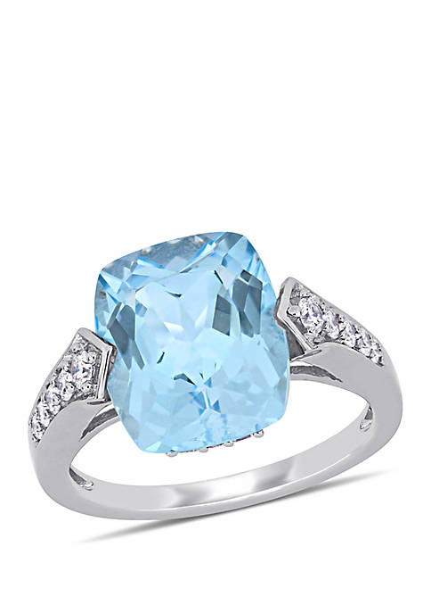 6.25 ct. t.w. Blue Topaz, 1/3 ct. t.w. White Sapphire and 1/4 ct. t.w. Diamond Halo Ring in 14k White Gold