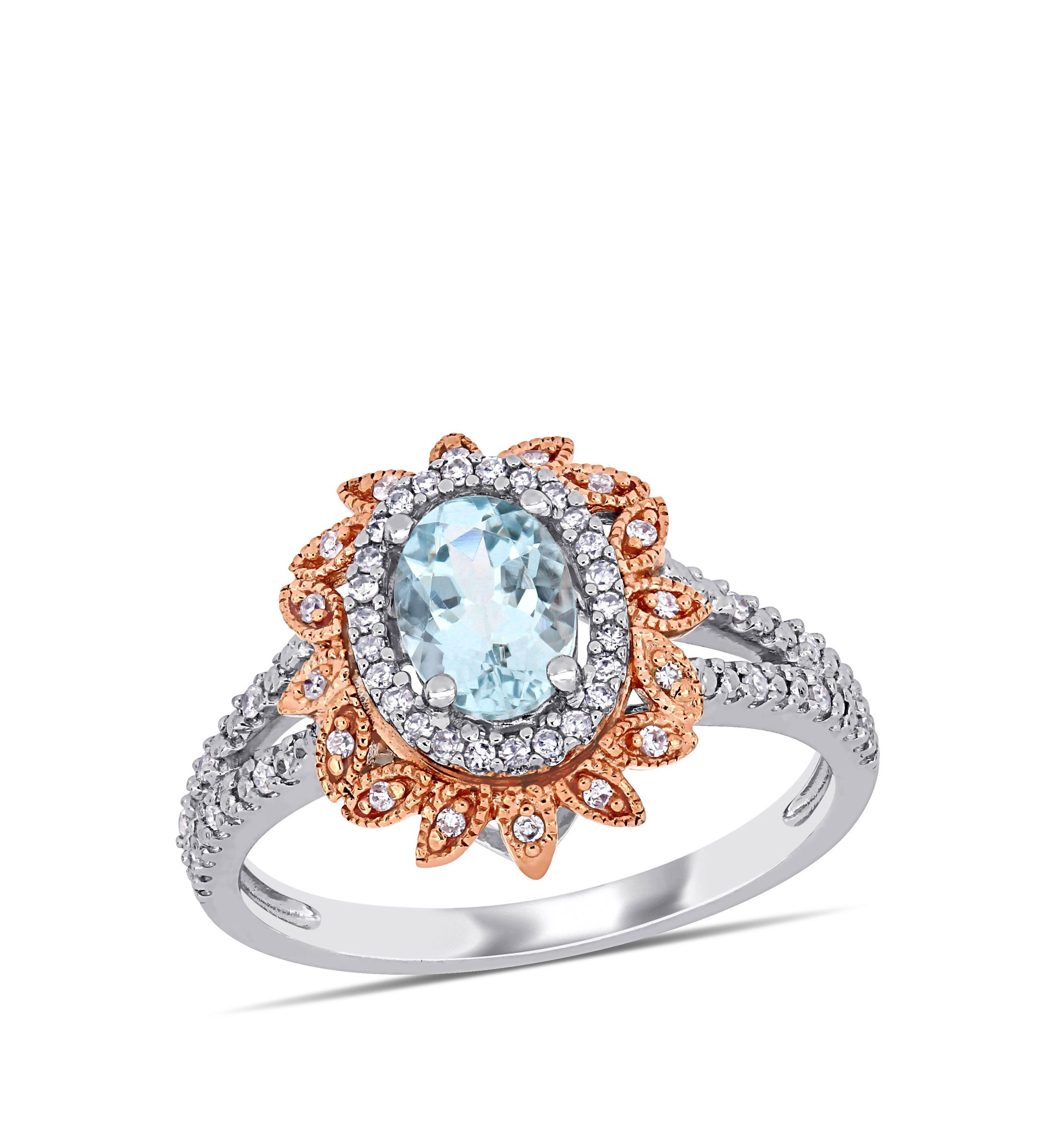 5/8 ct. t.w. Aquamarine and 1/5 ct. t.w. Diamond Halo Split Shank Ring in 10k White and Rose Gold
