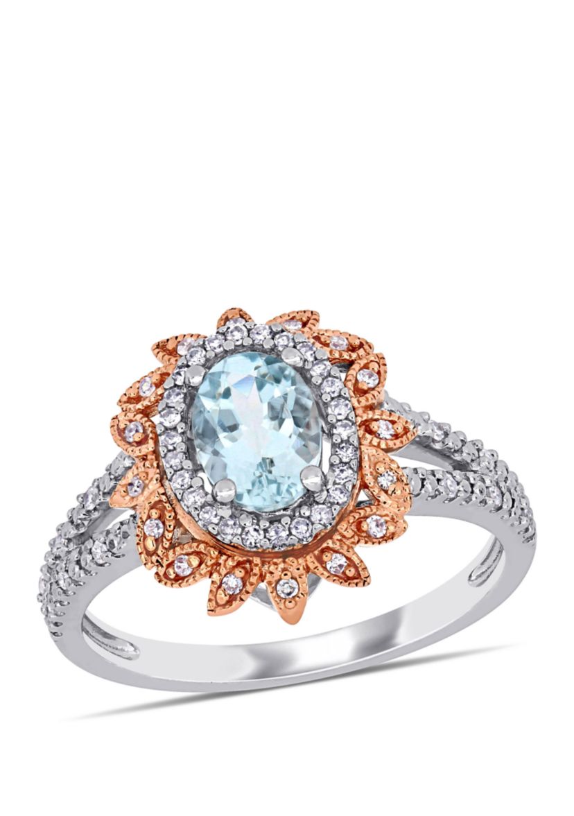 5/8 ct. t.w. Aquamarine and 1/5 ct. t.w. Diamond Halo Split Shank Ring in 10k White and Rose Gold
