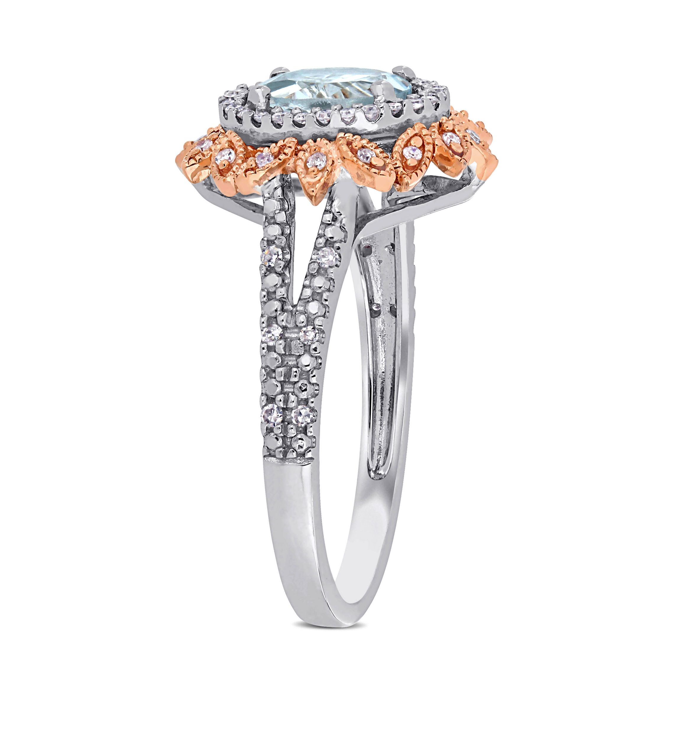 5/8 ct. t.w. Aquamarine and 1/5 ct. t.w. Diamond Halo Split Shank Ring in 10k White and Rose Gold