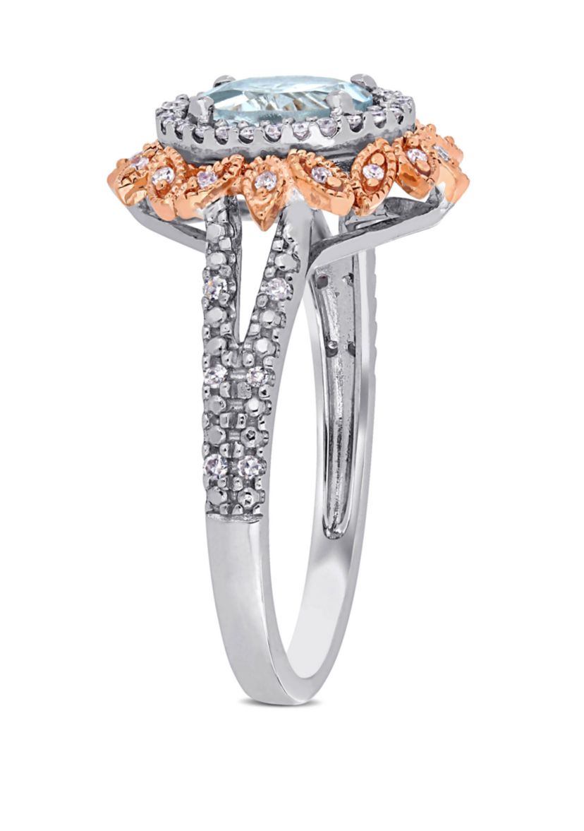 5/8 ct. t.w. Aquamarine and 1/5 ct. t.w. Diamond Halo Split Shank Ring in 10k White and Rose Gold