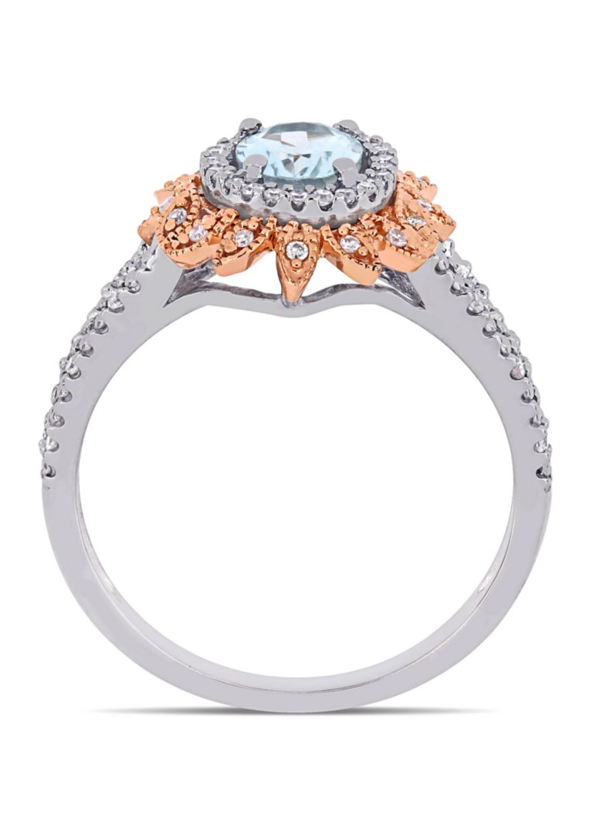 5/8 ct. t.w. Aquamarine and 1/5 ct. t.w. Diamond Halo Split Shank Ring in 10k White and Rose Gold