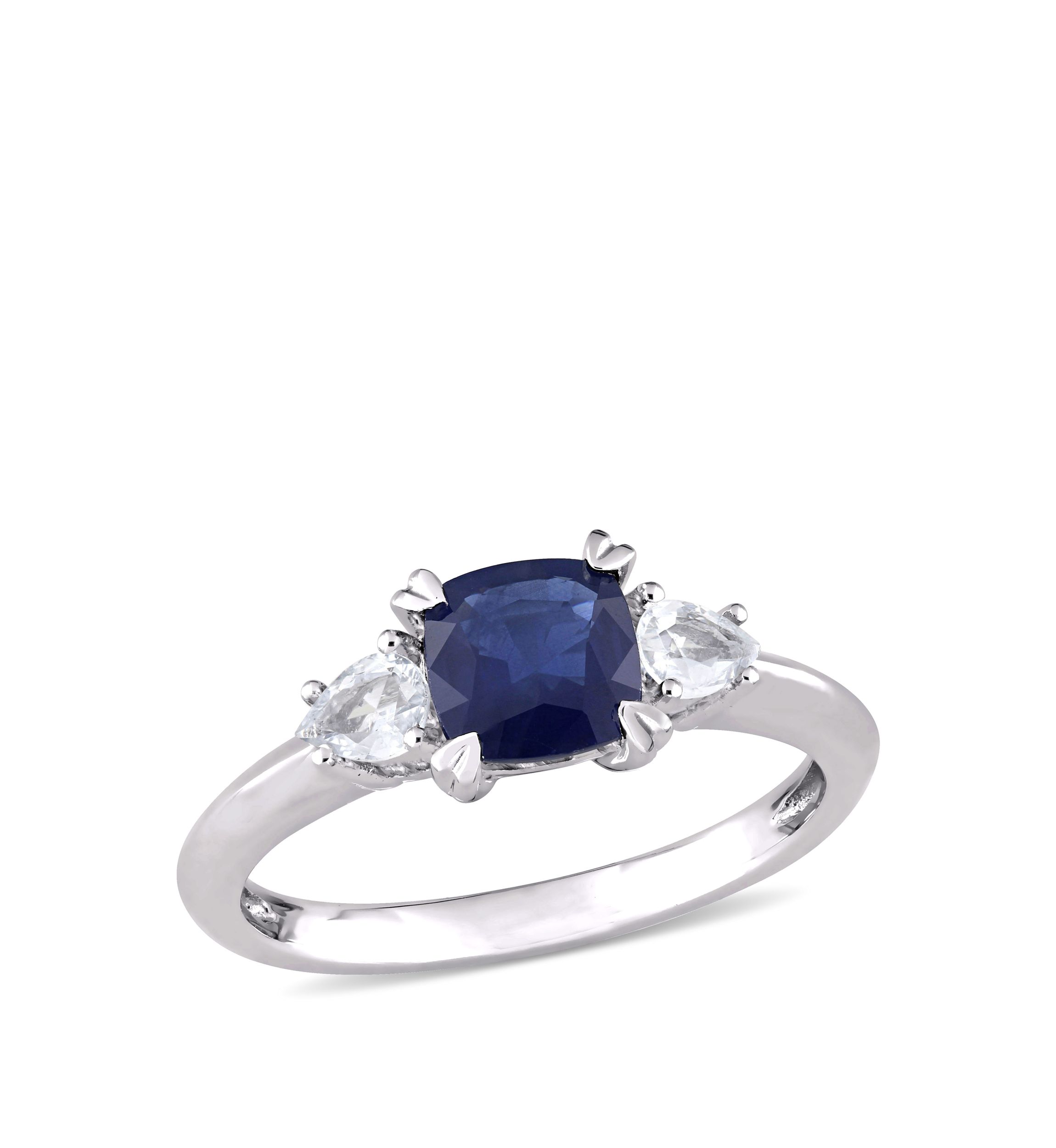 Cushion-Cut Sapphire and Pear-Cut White Sapphire 3-Stone Ring in 14k White Gold