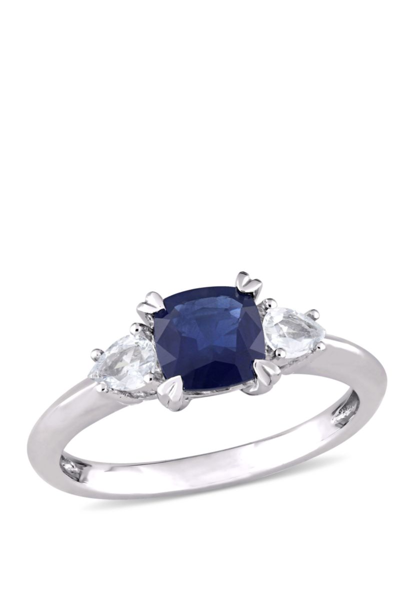 Cushion-Cut Sapphire and Pear-Cut White Sapphire 3-Stone Ring in 14k White Gold