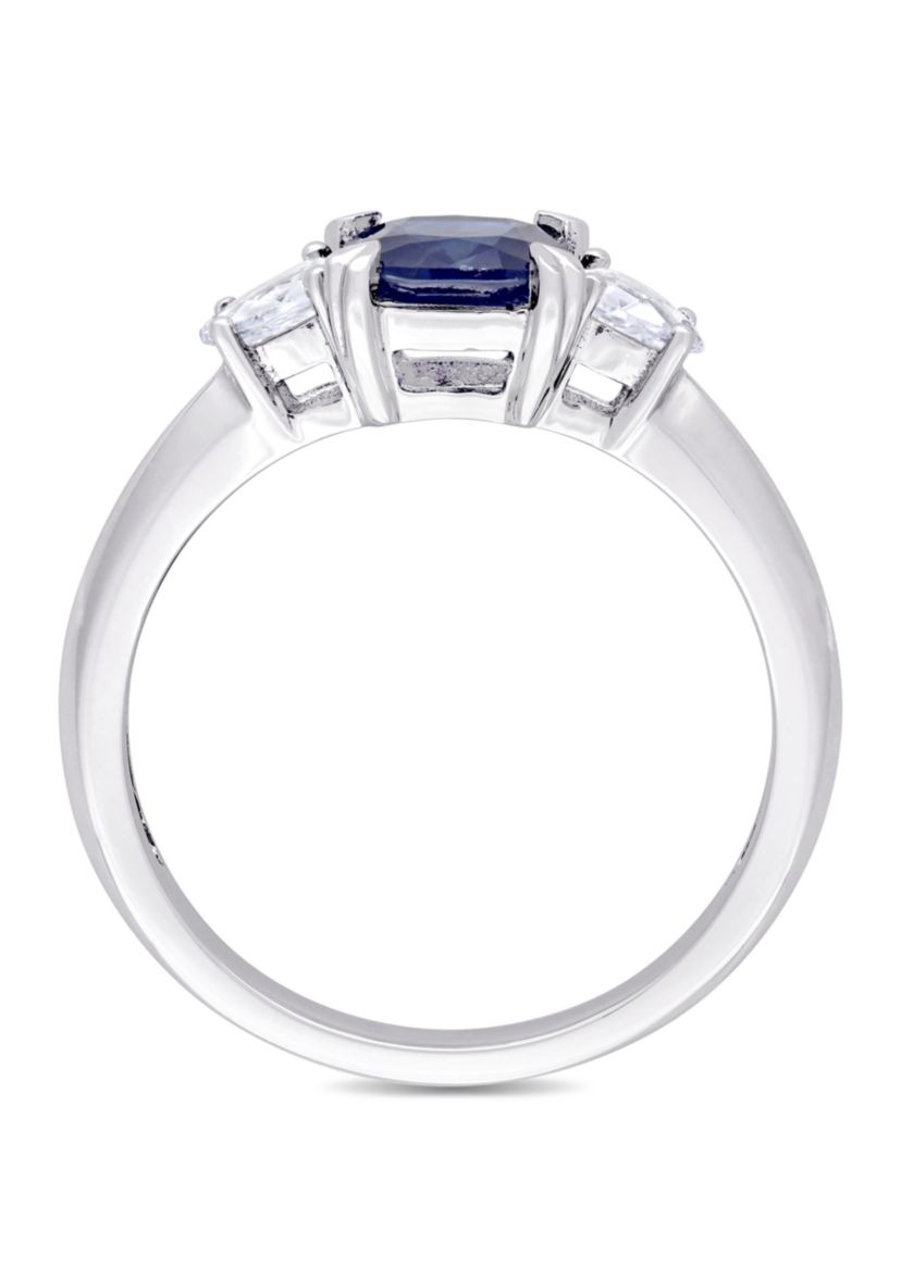Cushion-Cut Sapphire and Pear-Cut White Sapphire 3-Stone Ring in 14k White Gold