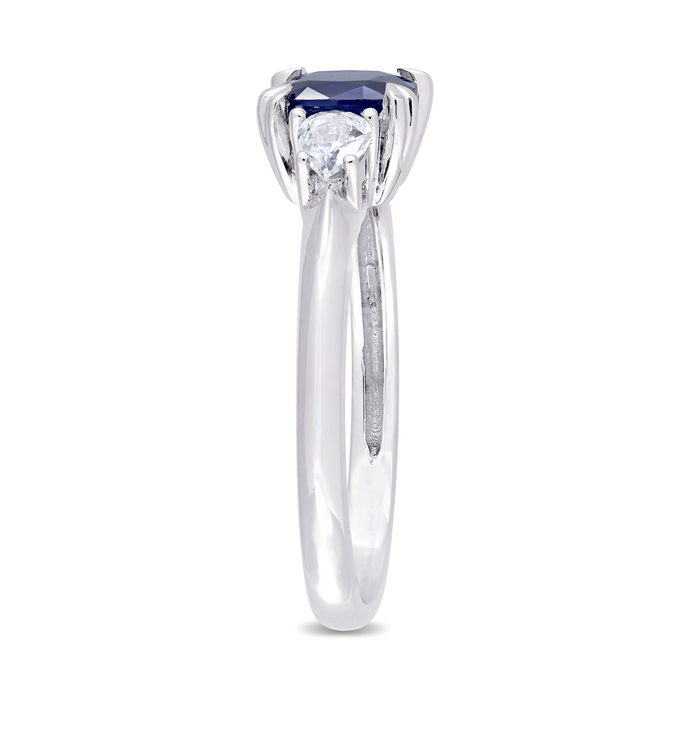 Cushion-Cut Sapphire and Pear-Cut White Sapphire 3-Stone Ring in 14k White Gold