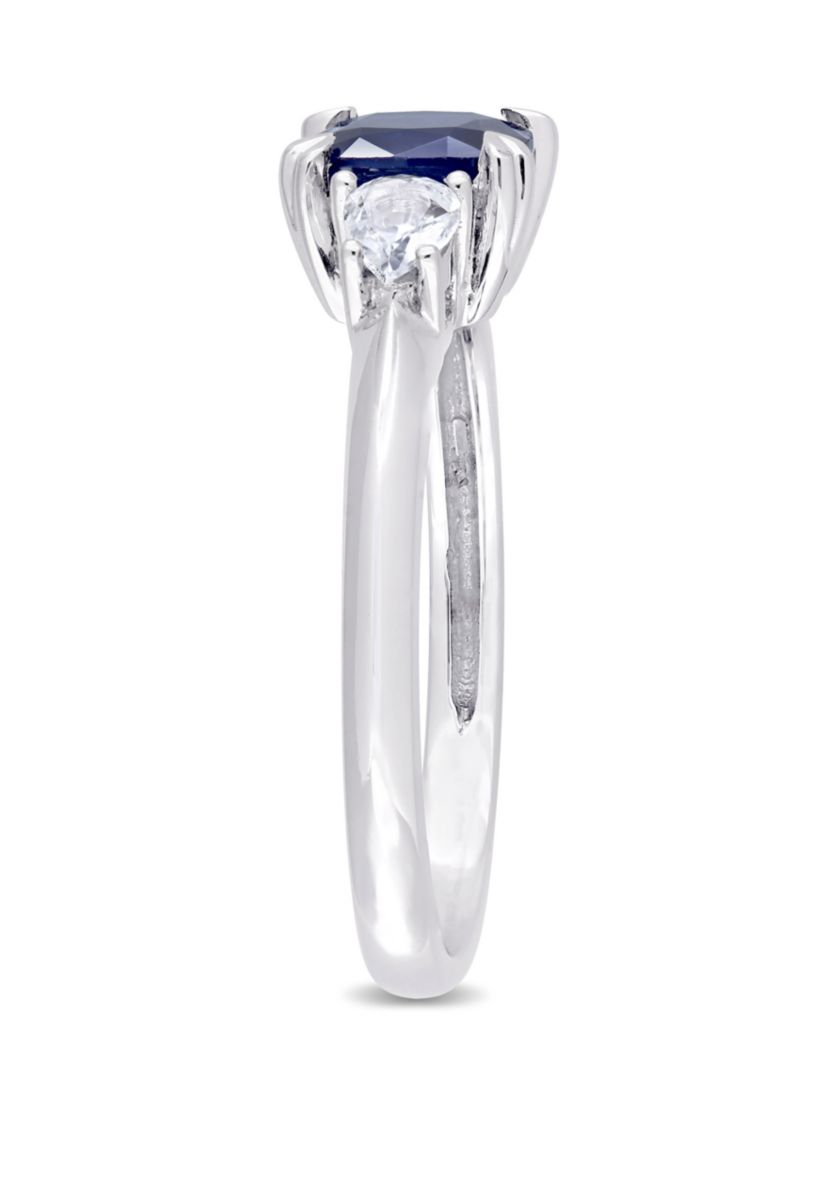 Cushion-Cut Sapphire and Pear-Cut White Sapphire 3-Stone Ring in 14k White Gold