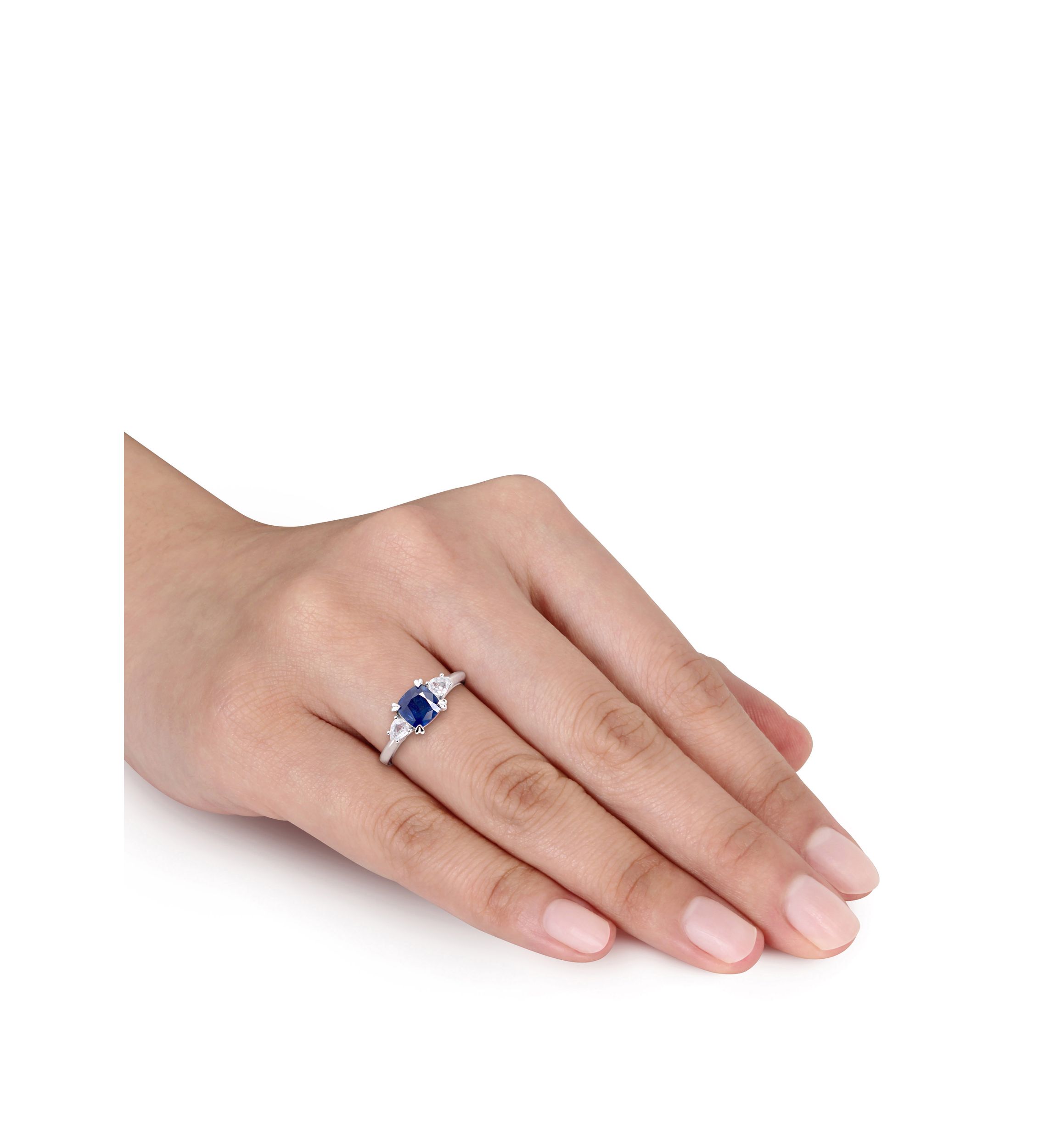 Cushion-Cut Sapphire and Pear-Cut White Sapphire 3-Stone Ring in 14k White Gold