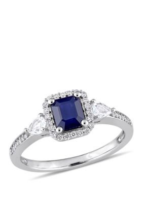 Belk & Co Blue and White Sapphire and 1/6 ct. t.w. Diamond Halo 3-Stone Ring in 14K White Gold