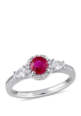 Belk & Co 1.0 C.t T.w. Ruby, White Sapphire And 1/8 Ct. T.w. Diamond Halo 3 Stone Ring In 14K White Gold, 5 -  0682077496551