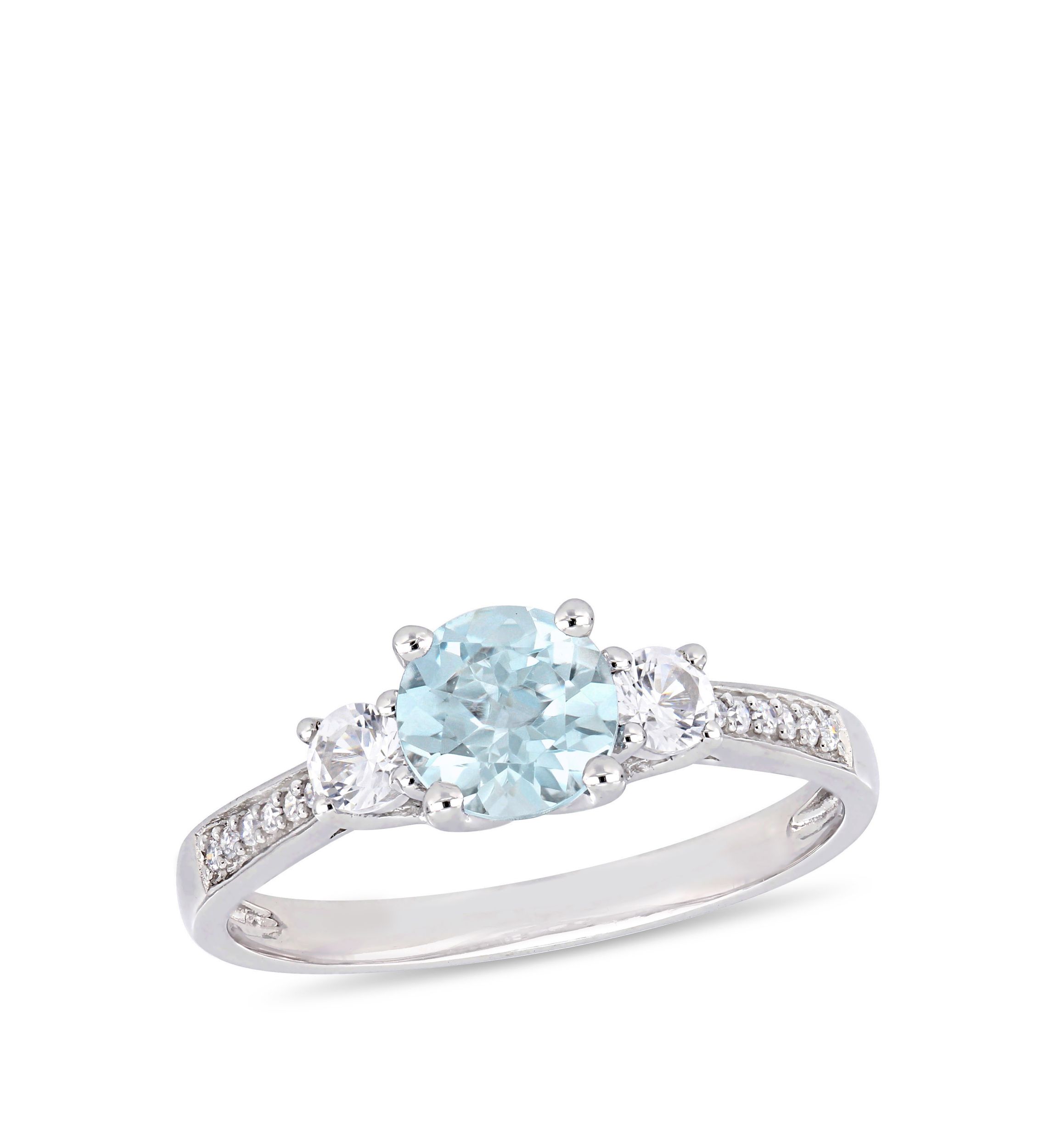 3/4 ct. t.w. Aquamarine, 1/3 ct. t.w. Created White Sapphire, and 0.05 ct. t.w. Diamond 3 Stone Ring in 10K White Gold