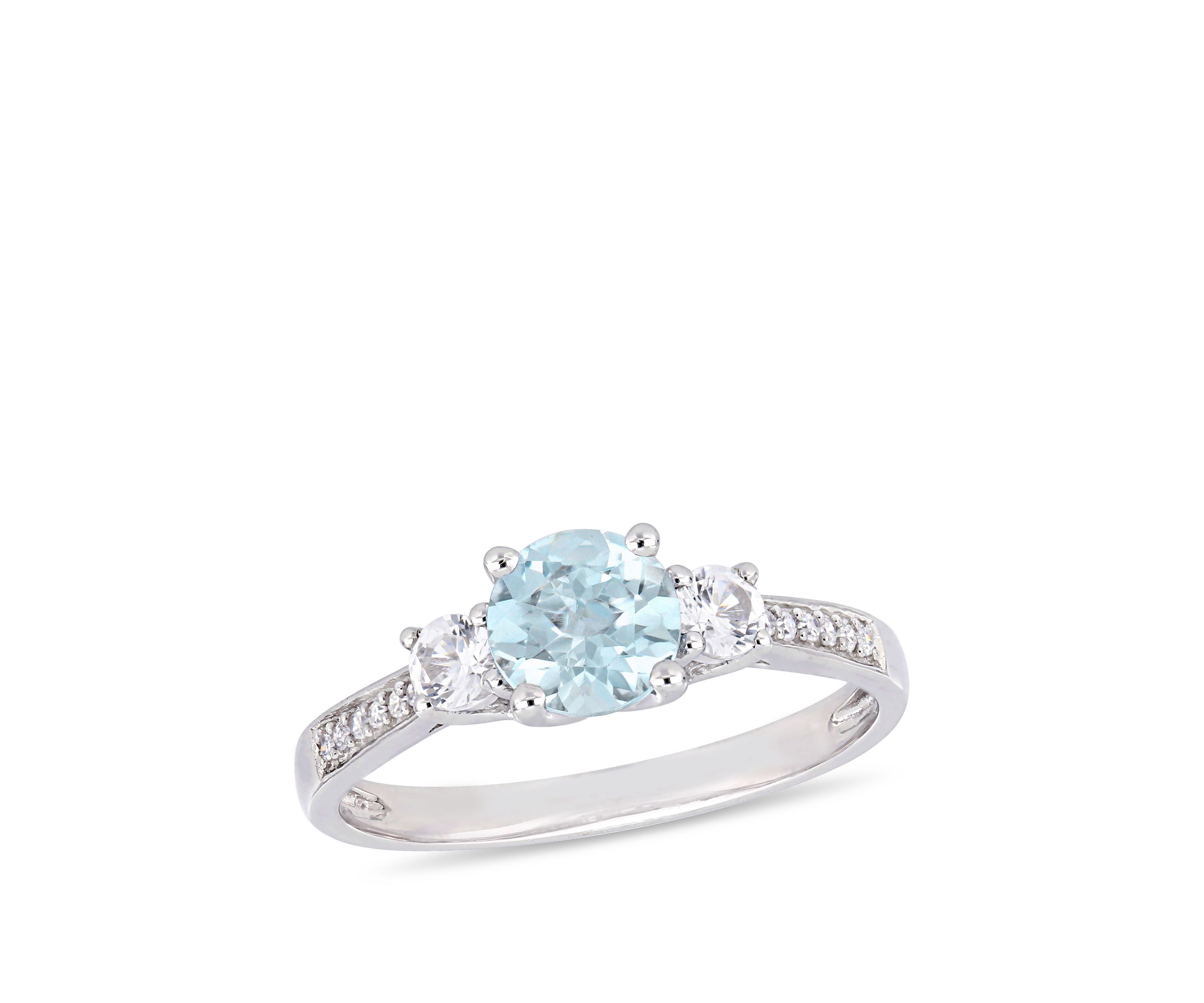 3/4 ct. t.w. Aquamarine, 1/3 ct. t.w. Created White Sapphire, and 0.05 ct. t.w. Diamond 3 Stone Ring in 10K White Gold