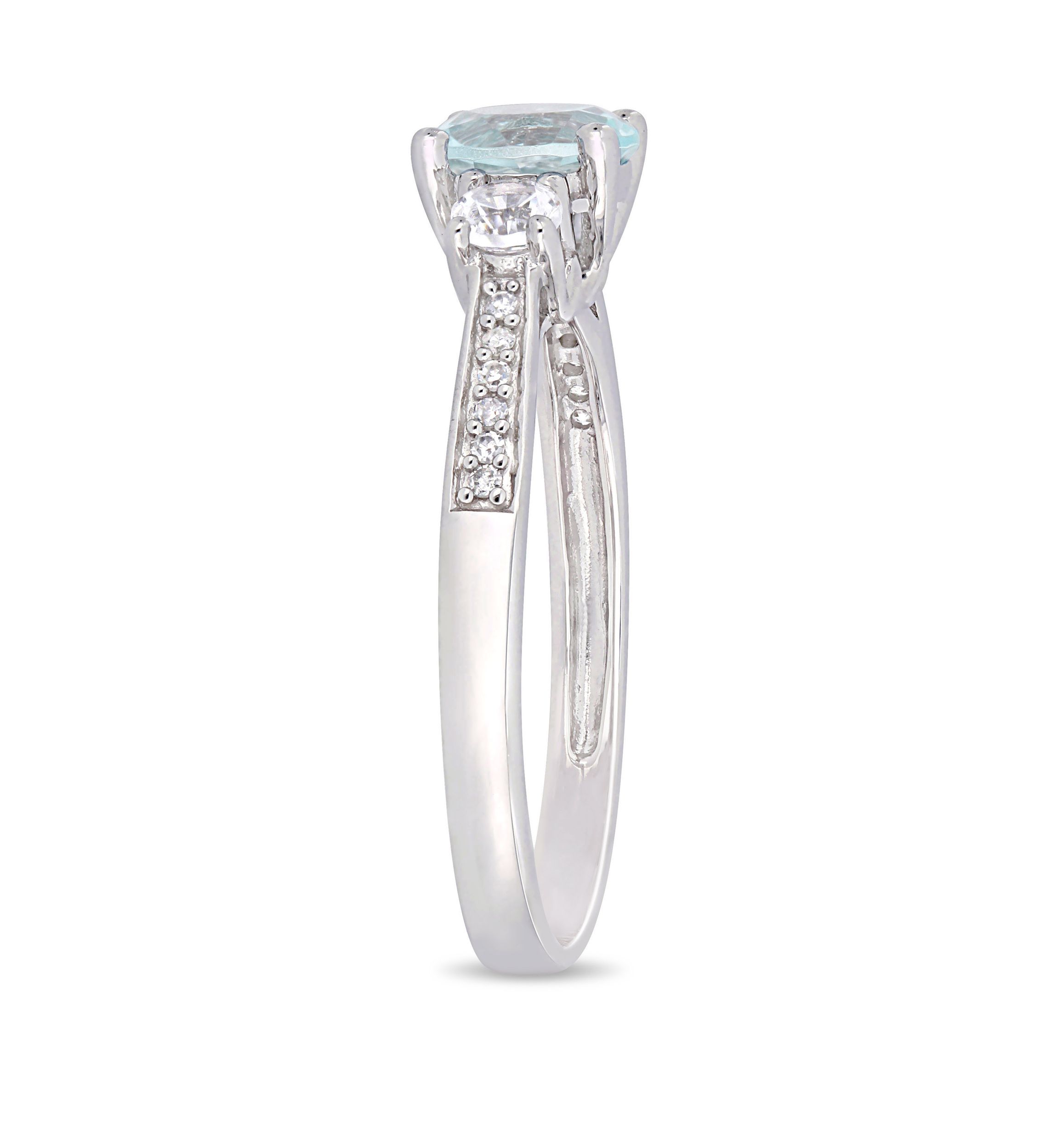 3/4 ct. t.w. Aquamarine, 1/3 ct. t.w. Created White Sapphire, and 0.05 ct. t.w. Diamond 3 Stone Ring in 10K White Gold