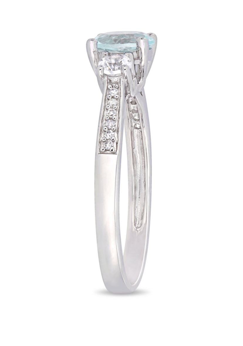 3/4 ct. t.w. Aquamarine, 1/3 ct. t.w. Created White Sapphire, and 0.05 ct. t.w. Diamond 3 Stone Ring in 10K White Gold