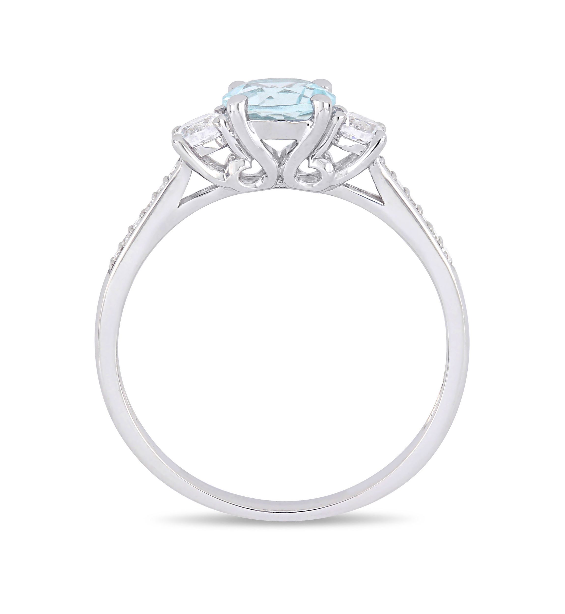 3/4 ct. t.w. Aquamarine, 1/3 ct. t.w. Created White Sapphire, and 0.05 ct. t.w. Diamond 3 Stone Ring in 10K White Gold