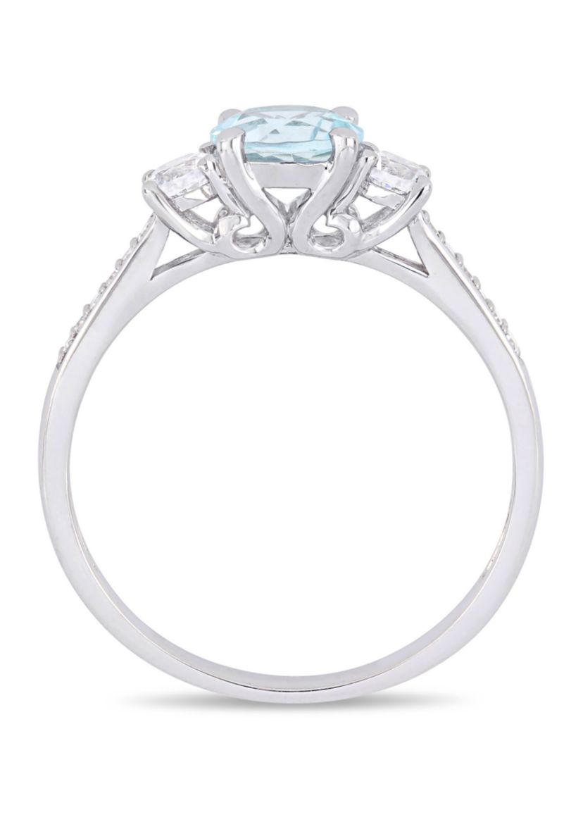 3/4 ct. t.w. Aquamarine, 1/3 ct. t.w. Created White Sapphire, and 0.05 ct. t.w. Diamond 3 Stone Ring in 10K White Gold