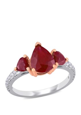 Belk & Co 2.8 ct. t.w. Pear Shape Ruby and 1/3 ct. t.w. Diamond 3 Stone Ring in 14k White & Rose Gold, 6
