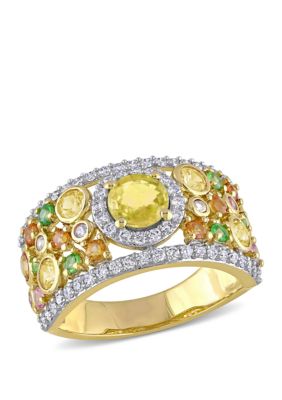 Belk & Co 2.37 ct. t.w. Yellow Orange, Pink Sapphire, 1/4 ct. t.w. Tsavorite and 1/2 ct. t.w. Diamond Halo Cuff Ring in 14k Yellow Gold -  0686692044531