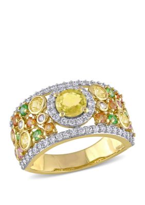 Belk & Co 2.37 Ct. T.w. Yellow Orange, Pink Sapphire, 1/4 Ct. T.w. Tsavorite And 1/2 Ct. T.w. Diamond Halo Cuff Ring In 14K Yellow Gold