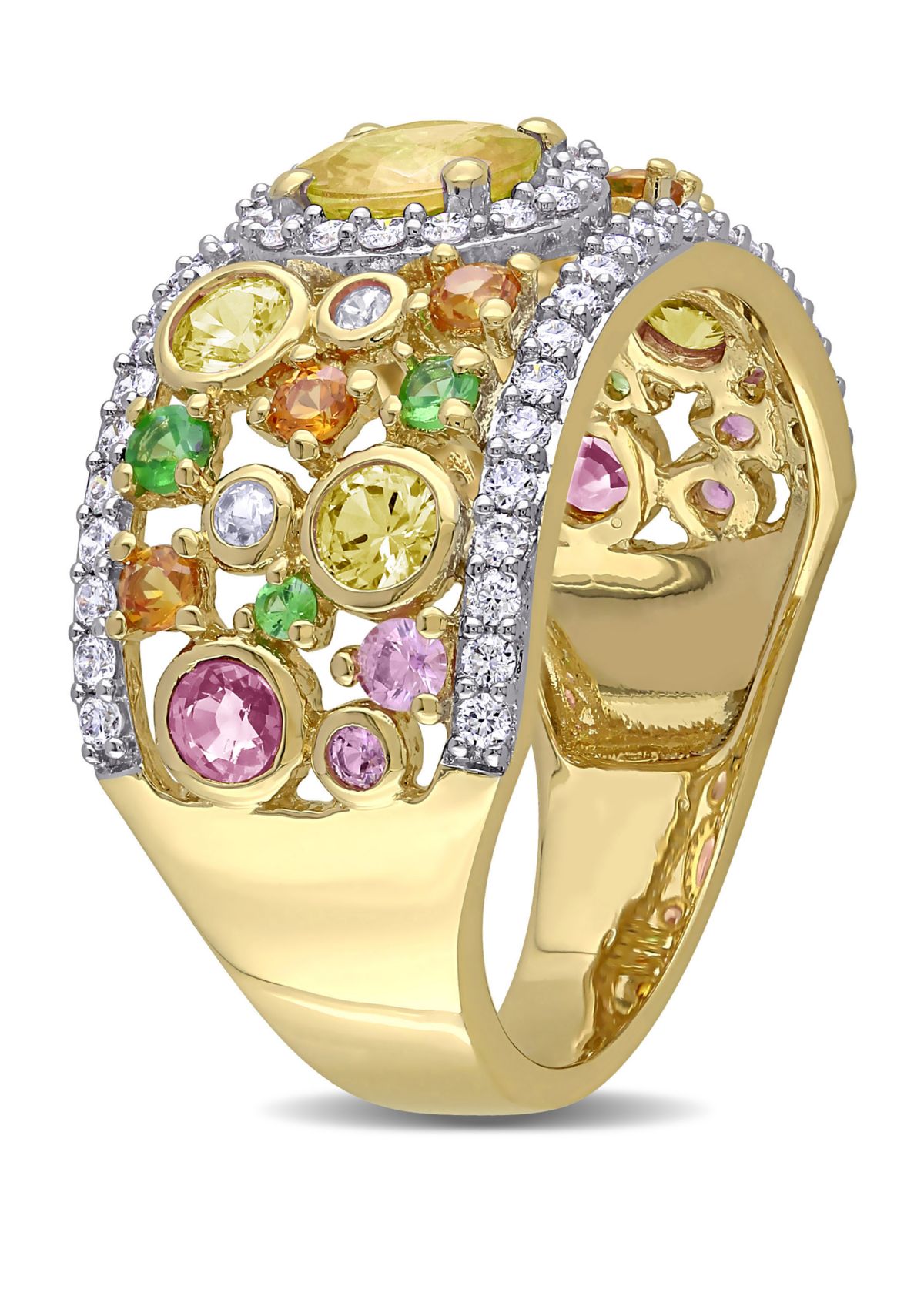 2.37 ct. t.w. Yellow Orange, Pink Sapphire, 1/4 ct. t.w. Tsavorite and 1/2 ct. t.w. Diamond Halo Cuff Ring in 14k Yellow Gold
