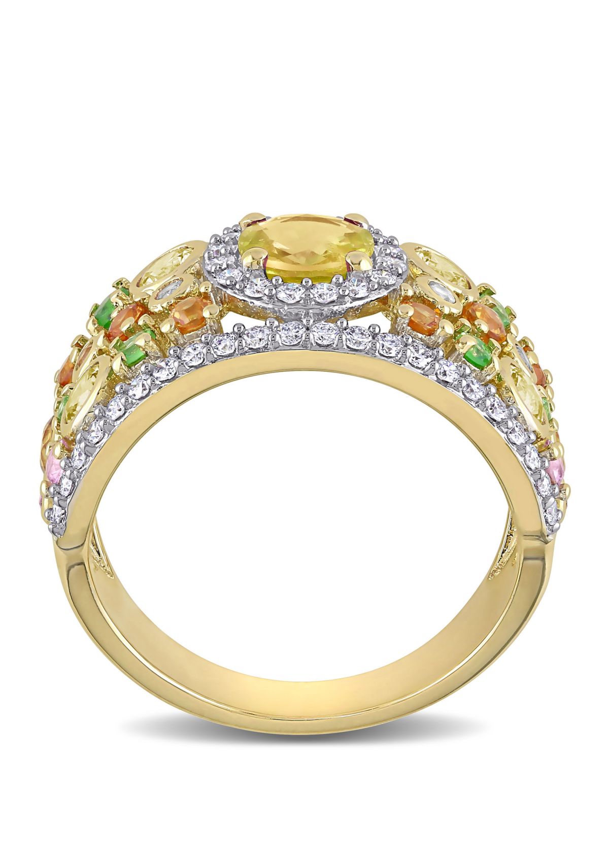 2.37 ct. t.w. Yellow Orange, Pink Sapphire, 1/4 ct. t.w. Tsavorite and 1/2 ct. t.w. Diamond Halo Cuff Ring in 14k Yellow Gold