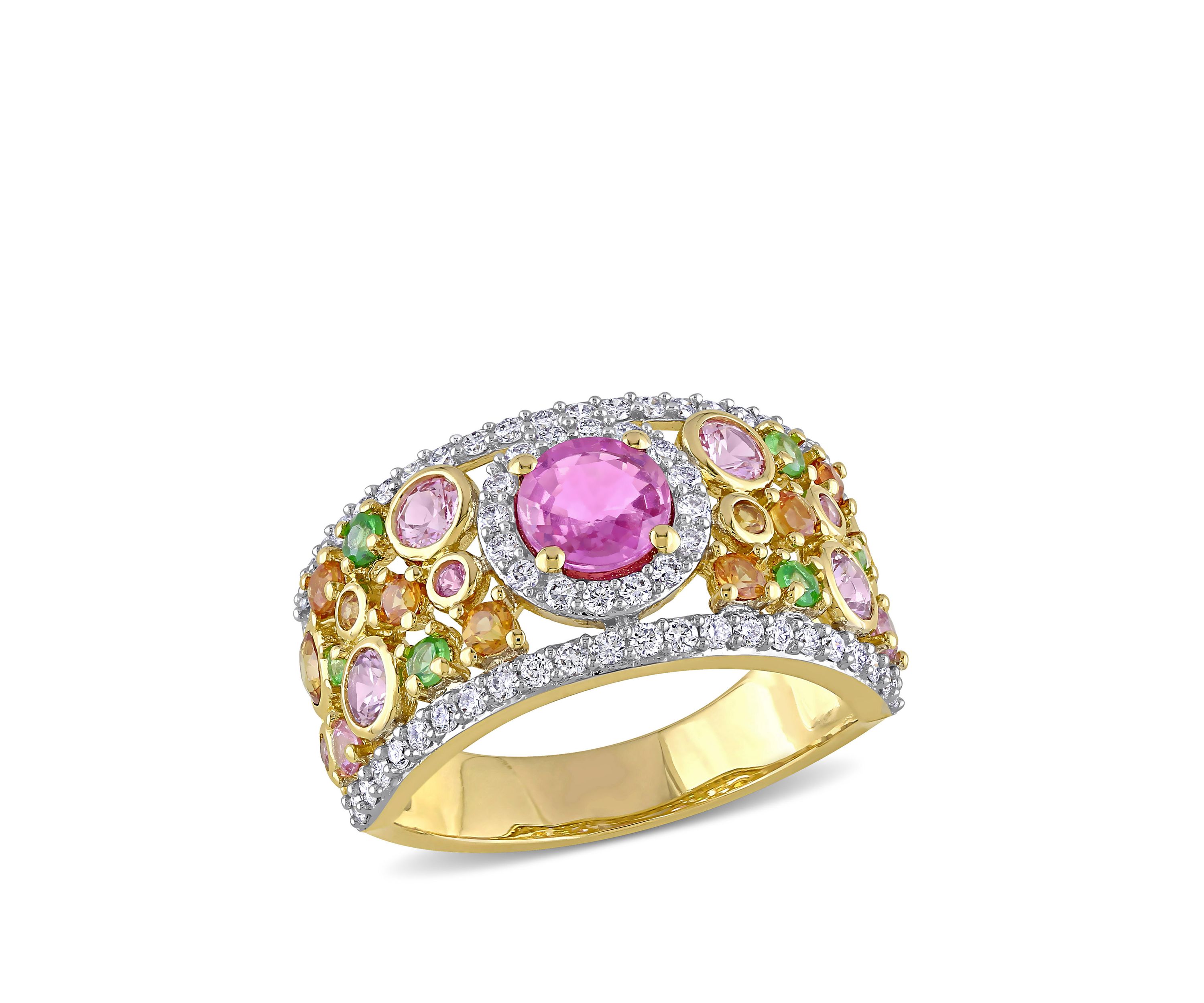 2.35 ct. t.w. Pink, Orange, Yellow Sapphire, 1/4 ct. t.w. Tsavorite and 1/2 ct. t.w. Diamond Halo Cuff Ring in 14k Yellow Gold