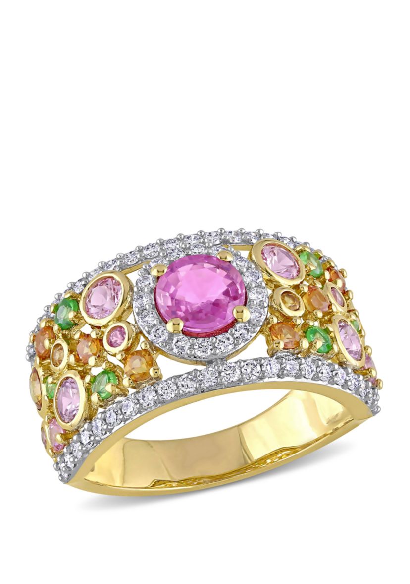 2.35 ct. t.w. Pink, Orange, Yellow Sapphire, 1/4 ct. t.w. Tsavorite and 1/2 ct. t.w. Diamond Halo Cuff Ring in 14k Yellow Gold