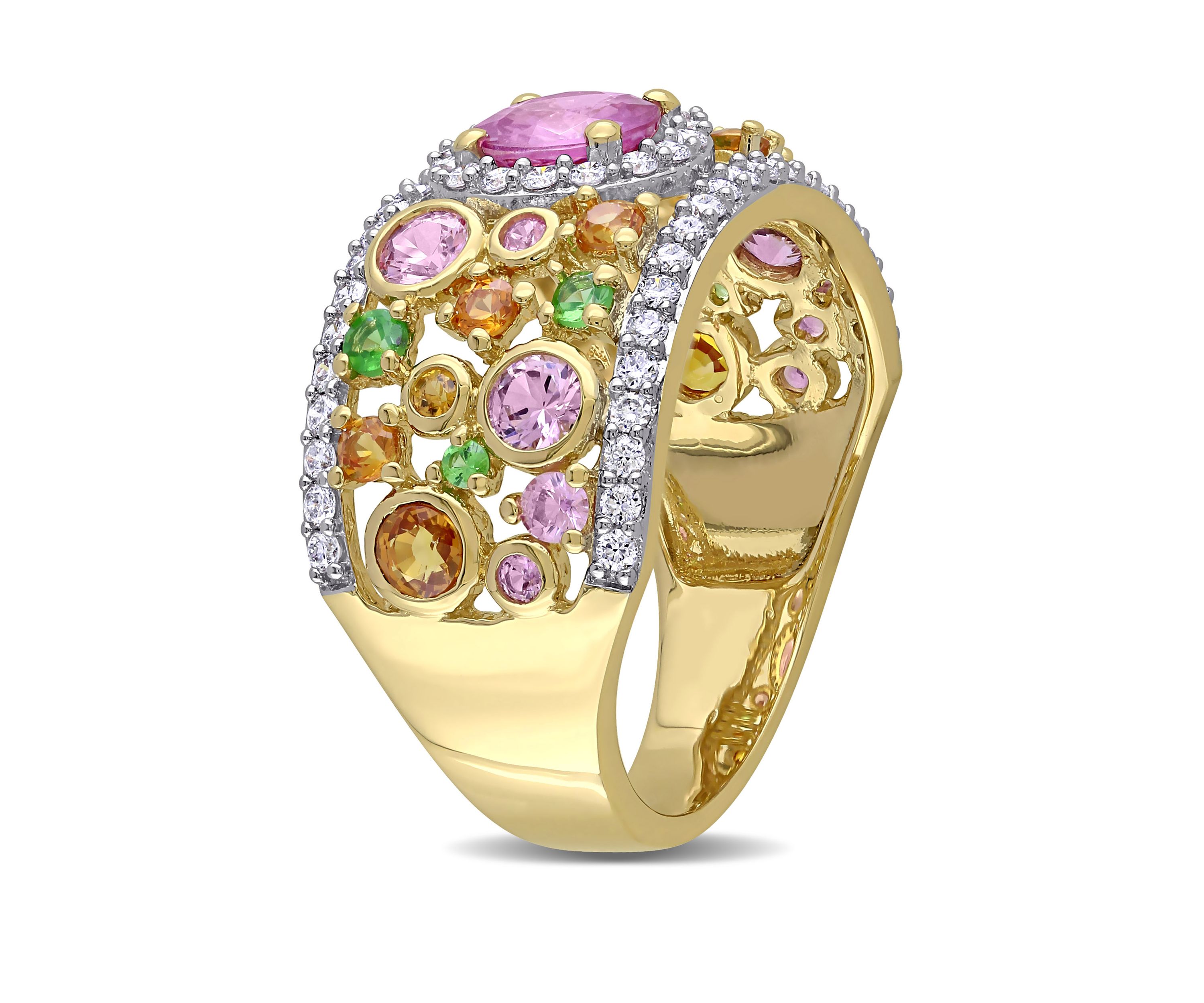 2.35 ct. t.w. Pink, Orange, Yellow Sapphire, 1/4 ct. t.w. Tsavorite and 1/2 ct. t.w. Diamond Halo Cuff Ring in 14k Yellow Gold