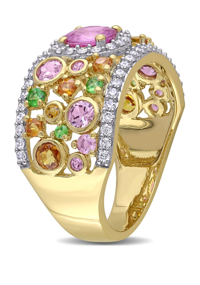2.35 ct. t.w. Pink, Orange, Yellow Sapphire, 1/4 ct. t.w. Tsavorite and 1/2 ct. t.w. Diamond Halo Cuff Ring in 14k Yellow Gold