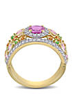 2.35 ct. t.w. Pink, Orange, Yellow Sapphire, 1/4 ct. t.w. Tsavorite and 1/2 ct. t.w. Diamond Halo Cuff Ring in 14k Yellow Gold