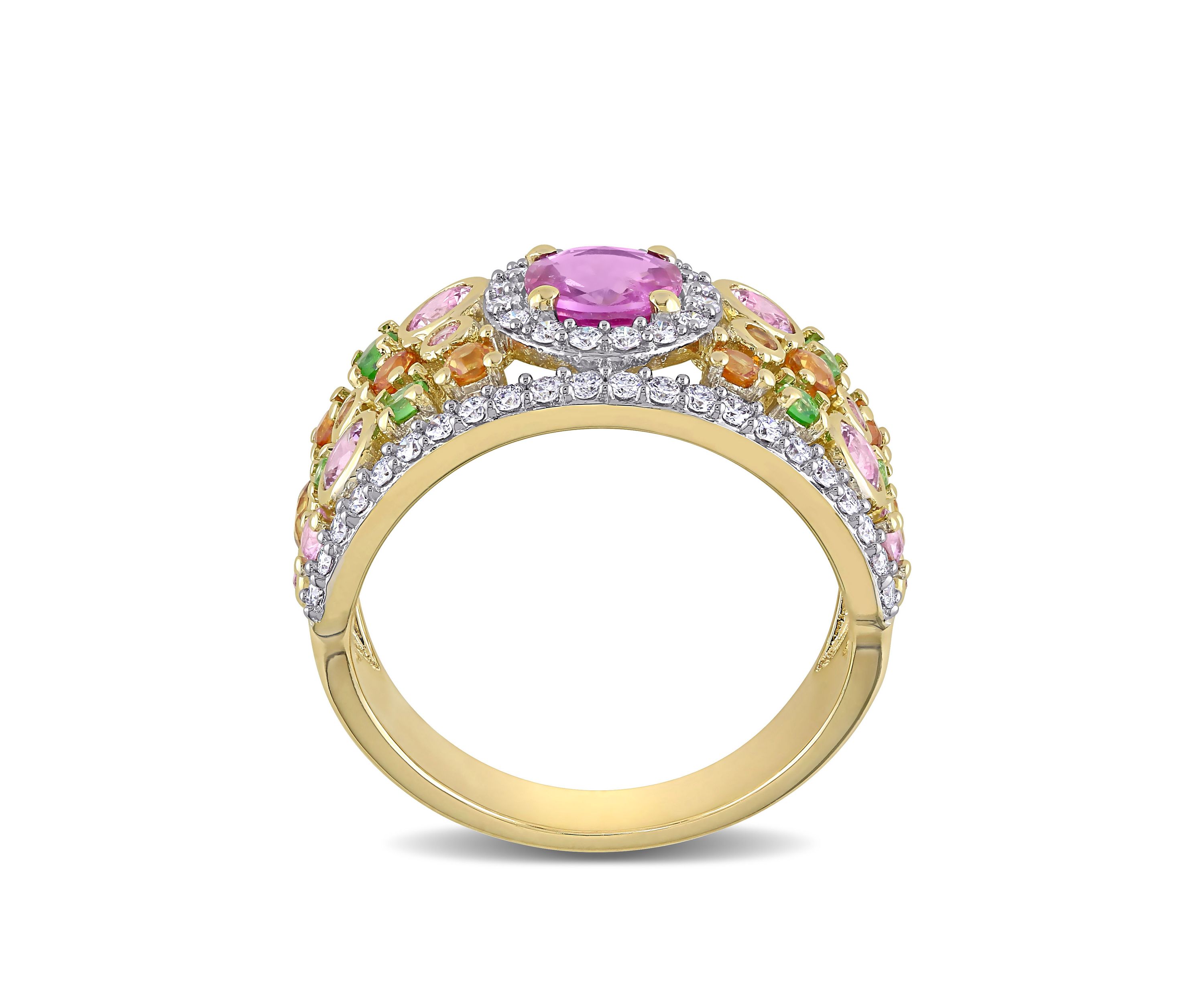 2.35 ct. t.w. Pink, Orange, Yellow Sapphire, 1/4 ct. t.w. Tsavorite and 1/2 ct. t.w. Diamond Halo Cuff Ring in 14k Yellow Gold