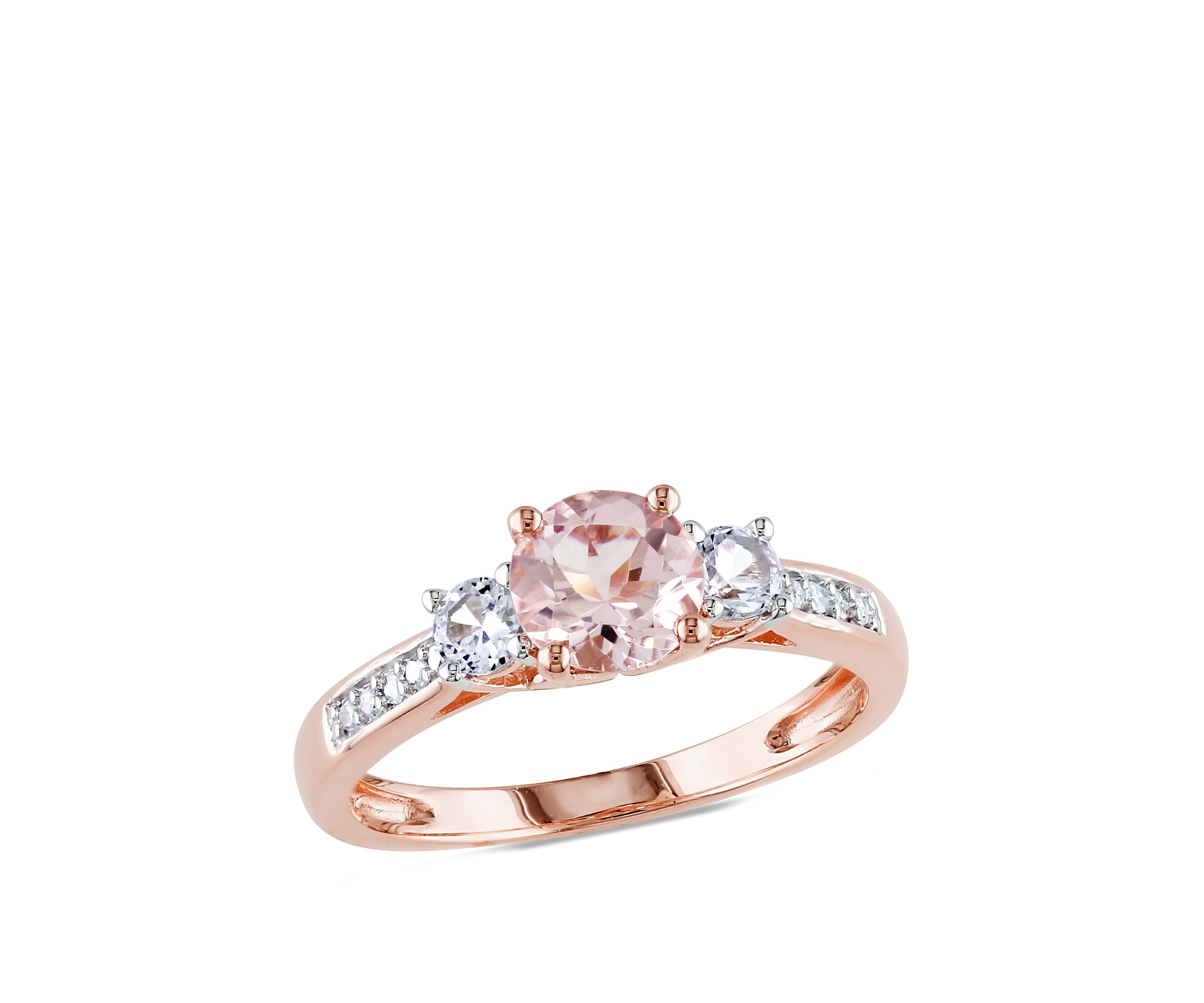 1.14 ct. t.w. Morganite, Created White Sapphire and Diamond Accent 3 Stone Ring in 10k Rose Gold